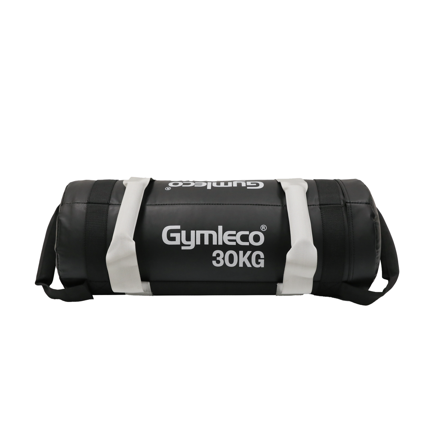 Black and white Gymleco sand bag with '30KG' on a white background