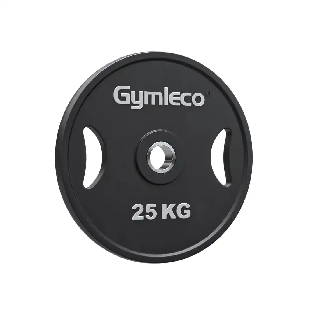 Black weight plates in polyurethane with handles - Svarta viktskivor i polyuretan med handtag 25kg