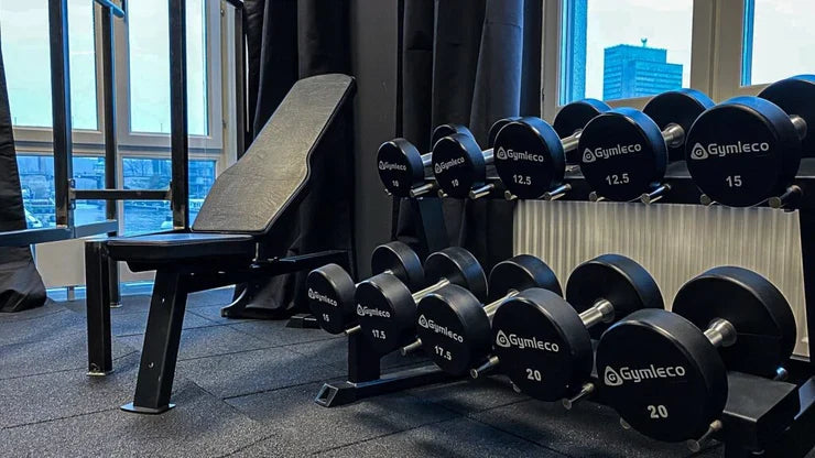 Gymleco-Kurzhantelsatz und verstellbare Trainingsbank vor der Fensterfront