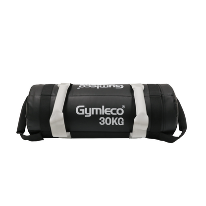 Black and white Gymleco sand bag with '30KG' on a white background