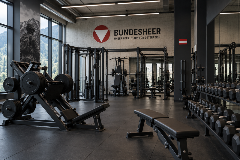 Trainingsbereich des Bundesheeres mit Beinpresse, Racks und Kurzhantelablage