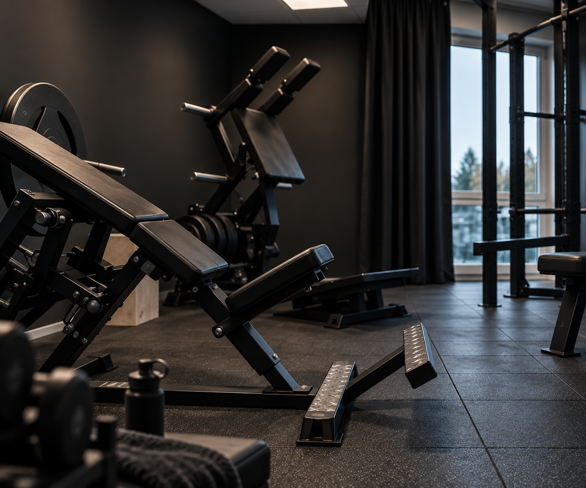 Firmenfitnessraum bei Better Bodies mit Gymleco Plate-Loaded-Geräten, Trainingsbänken und Kurzhanteln