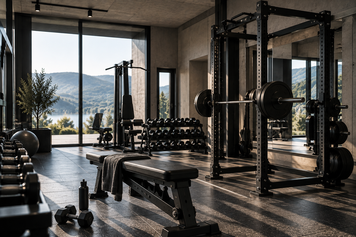 Privates Home Gym mit Power Rack, Trainingsbank, Kurzhanteln und Panoramafenster