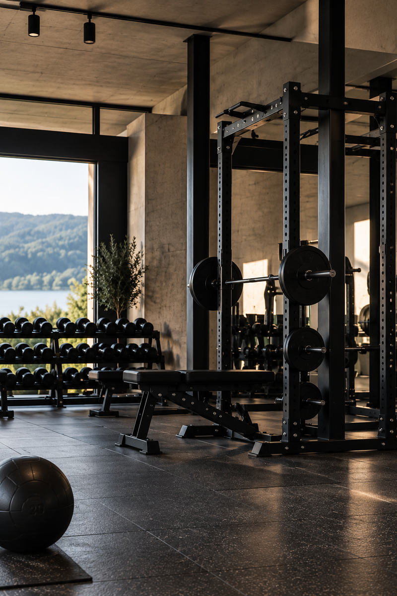 Power Rack mit Langhantel und Kurzhantelablage im privaten Fitnessraum