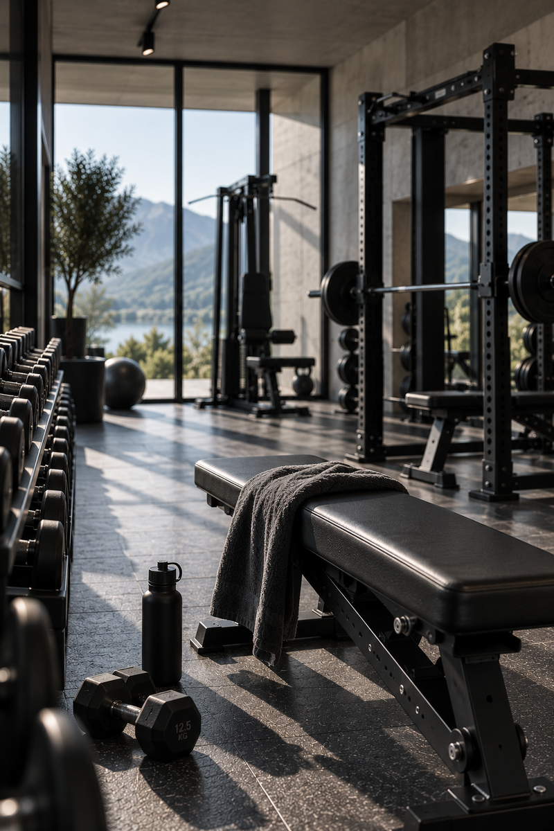 Verstellbare Trainingsbank und Kurzhanteln vor der Fensterfront