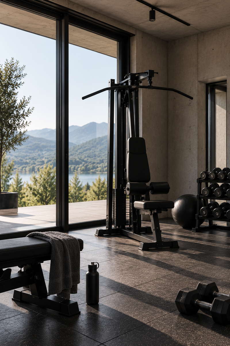 Kabelzugstation mit Blick auf die Landschaft im Home Gym