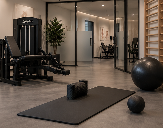 Trainingsmatte, Gymnastikbälle und Sprossenwand im Rehabilitationsbereich