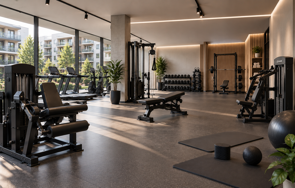 Fitnessraum einer Wohnanlage mit Gymleco Kraftgeräten, Cardiogeräten und Trainingsbänken