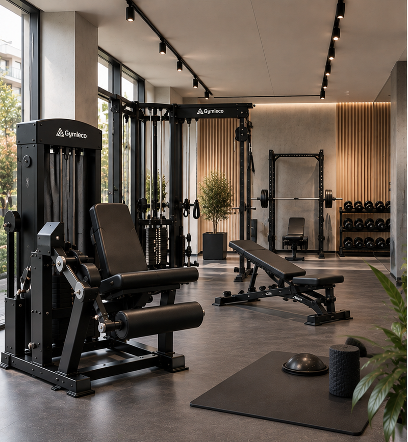 Gymleco Beinbeuger-Maschine, Kabelzugstation und Trainingsbank im Fitnessraum der Wohnanlage