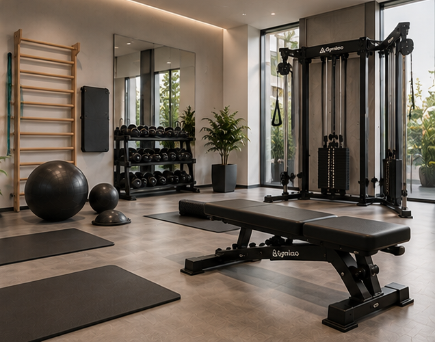 Trainingsbank, Kabelzugstation, Sprossenwand und Gymnastikbälle im Fitnessraum